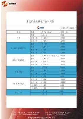 重慶廣播電視報(bào)2011年刊例價(jià)格表 (中國(guó) 重慶市 服務(wù)或其他) - 報(bào)紙雜志廣告 - 廣告、策劃 產(chǎn)品 「自助貿(mào)易」